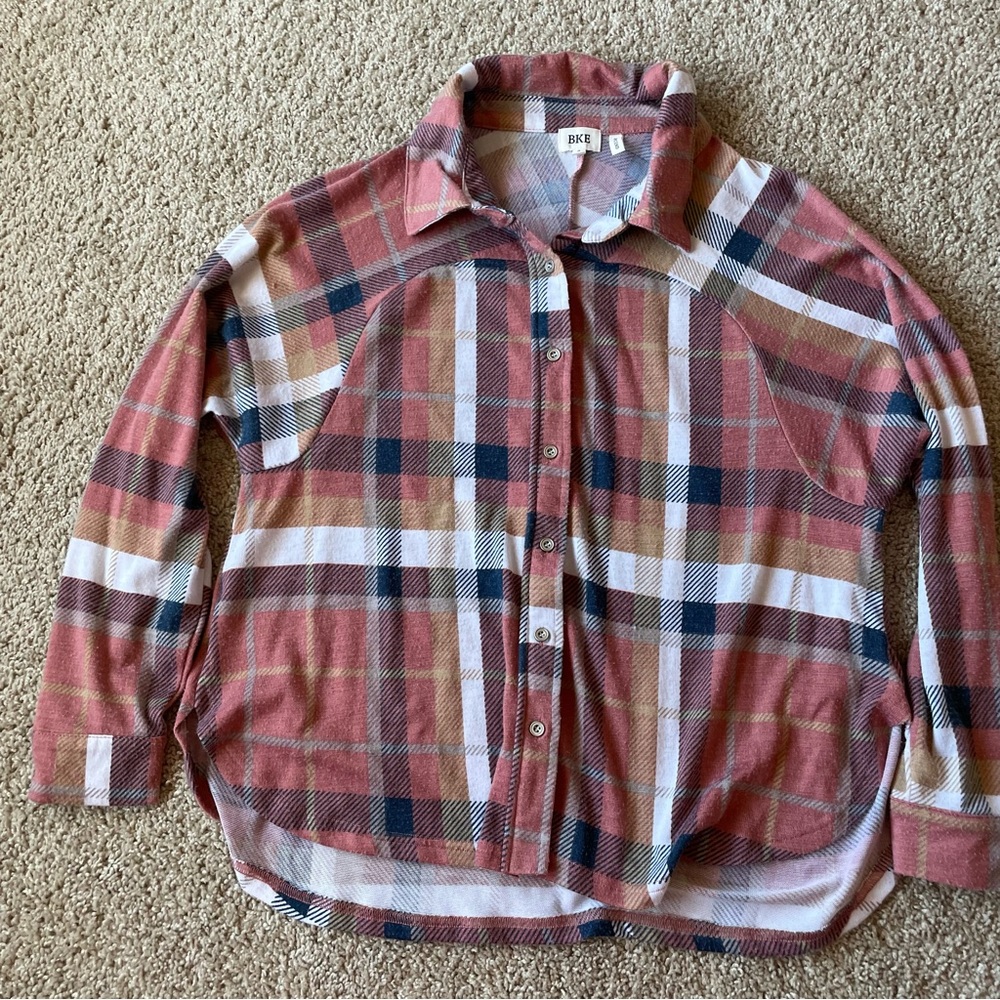 BKE Plaid Button Down Shirt in Pink, White, and Blue